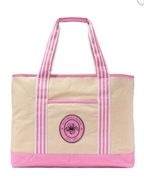 Victoria's Secret Tote Bag Women OS Cream Pink Preppy Canvas Beach Striped